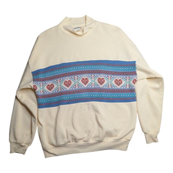 Vtg 1980s Act III Ivory Mock Neck Knit Heart Panel Light Pullover Sweater L - Picture 1 of 5
